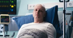 a cancer patient lying on a hospital bed